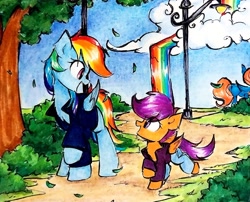 Size: 2024x1633 | Tagged: safe, artist:liaaqila, imported from derpibooru, rainbow dash, scootaloo, pegasus, pony, bush, clothes, cloud, duo, duo female, female, filly, foal, folded wings, lamppost, leaves, looking at each other, looking at someone, mare, open mouth, rainbow waterfall, scootalove, streetlight, traditional art, tree, unknown pony, wings