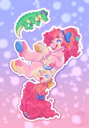 Size: 1500x2155 | Tagged: safe, artist:plushparades, imported from derpibooru, gummy, pinkie pie, alligator, earth pony, pony, blue eyes, bow, candy, candy cane, colored hooves, ear piercing, female, food, g4, gradient background, hair bow, mare, one eye closed, piebald coat, piercing, pink mane, redesign, smiling, sprinkles, tail, tail bow, tongue out, unshorn fetlocks