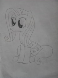 Size: 4208x3120 | Tagged: safe, artist:xuf, imported from derpibooru, fluttershy, pegasus, pony, female, mare, monochrome, sitting, solo, traditional art