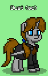 Size: 504x792 | Tagged: safe, imported from derpibooru, oc, oc only, oc:dust, pony, unicorn, pony town, armor, bodyguard, chestplate, clothes, duster coat, green background, leather, leather armor, male, ponytail, simple background, solo, stallion, sword, trenchcoat, twilight guard, weapon