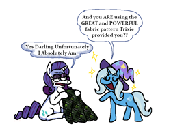 Size: 2046x1572 | Tagged: safe, artist:punkittdev, imported from derpibooru, rarity, trixie, pony, unicorn, annoyed, clothes, dialogue, duo, eyes closed, eyeshadow, fabric, female, hat, hoodie, lidded eyes, makeup, mare, monster energy, open mouth, open smile, pattern, rarity is not amused, simple background, sitting, smiling, sparkles, speech bubble, trixie's hat, unamused, white background