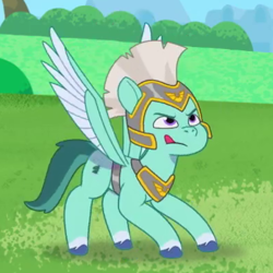 Size: 394x394 | Tagged: safe, imported from derpibooru, screencap, pegasus, pony, spoiler:g5, spoiler:my little pony: tell your tale, spoiler:tyts01e02, cropped, focused, g5, male, my little pony: tell your tale, pegasus royal guard, royal guard, solo, spread wings, stallion, thunder flap, tongue out, wings, zipp's flight school
