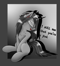 Size: 1058x1148 | Tagged: artist needed, source needed, safe, imported from derpibooru, oc, oc only, bat pony, bat pony unicorn, hybrid, pony, unicorn, blind, blindfold, cheek fluff, chest fluff, fangs, female, horn, mare, monochrome, sitting, solo