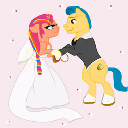 Size: 300x300 | Tagged: safe, artist:daylighttwinkle, imported from derpibooru, hitch trailblazer, sunny starscout, alicorn, earth pony, pony, clothes, dress, duo, duo male and female, female, g5, male, mane stripe sunny, mare, marriage, multicolored hair, race swap, rainbow hair, shipping, stallion, straight, sunnycorn, sunnyhitch, wedding, wedding dress