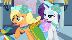 Size: 2110x1194 | Tagged: safe, imported from derpibooru, screencap, applejack, rarity, earth pony, pony, unicorn, a canterlot wedding, alternate hairstyle, bridesmaid, bridesmaid dress, candle, canterlot, canterlot castle, castle, clothes, concerned, dress, female, floral head wreath, flower, flower in hair, force field, missing accessory, royal wedding, running, shocked, shocked expression, steps