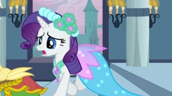 Size: 2160x1210 | Tagged: safe, imported from derpibooru, screencap, applejack, rarity, earth pony, pony, unicorn, a canterlot wedding, alternate hairstyle, bridesmaid, bridesmaid dress, candle, canterlot, canterlot castle, castle, clothes, concerned, dress, floral head wreath, flower, flower in hair, force field, royal wedding, running, shocked, shocked expression, steps