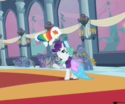 Size: 1362x1141 | Tagged: safe, imported from derpibooru, screencap, rarity, pony, unicorn, a canterlot wedding, background pony, banner, bowtie, bridesmaid, bridesmaid dress, candle, canterlot, canterlot castle, castle, clothes, concerned, cropped, dress, flag, floral head wreath, flower, flower in hair, force field, necktie, royal wedding, worried