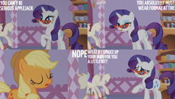 Size: 2000x1125 | Tagged: safe, edit, edited screencap, editor:quoterific, imported from derpibooru, screencap, applejack, rarity, earth pony, pony, unicorn, season 1, suited for success, carousel boutique, female, glasses, mannequin, mare, rarity's glasses