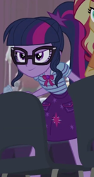 Size: 290x544 | Tagged: safe, imported from derpibooru, screencap, rainbow dash, sci-twi, sunset shimmer, twilight sparkle, human, cheer you on, equestria girls, spoiler:eqg series (season 2), >:), bowtie, chair, clothes, cutie mark on clothes, determined smile, geode of telekinesis, glasses, jewelry, magical geodes, offscreen character, offscreen human, pendant, polo shirt, ponytail, skirt, solo
