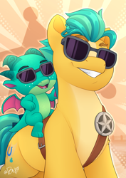 Size: 2025x2864 | Tagged: safe, artist:rivin177, imported from derpibooru, hitch trailblazer, dragon, earth pony, pony, baby, baby dragon, badge, g5, glasses, horns, male, sheriff, simple background, sparky sparkeroni, stallion, stars, wings