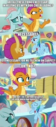 Size: 888x1996 | Tagged: safe, edit, edited screencap, imported from derpibooru, screencap, ocellus, rainbow dash, smolder, 2 4 6 greaaat, book, caption, coach rainbow dash, comic, hay bale, image macro, screencap comic, text