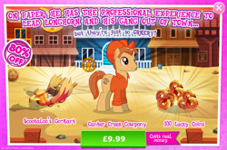 Size: 1959x1297 | Tagged: safe, imported from derpibooru, earth pony, pony, advertisement, clothes, costs real money, cowboy hat, english, gameloft, hat, kart, male, mobile game, my little pony: magic princess, numbers, official, sale, shirt, solo, stallion, text, unnamed character, unnamed pony