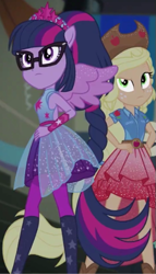 Size: 309x539 | Tagged: safe, imported from derpibooru, screencap, applejack, sci-twi, twilight sparkle, human, cheer you on, equestria girls, spoiler:eqg series (season 2), alternate hairstyle, armpits, belt, boots, clothes, cowboy boots, cowboy hat, cutie mark on clothes, frills, gloves, gorget, hand on hip, hat, jewelry, knee-high boots, leggings, motorcross, ponied up, pony ears, regalia, shirt, shoes, skirt, sleeveless, sleeveless shirt, stetson, super ponied up, wings