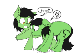 Size: 3006x2041 | Tagged: safe, artist:ponny, imported from derpibooru, oc, oc:filly anon, earth pony, boop, colored, duo, duo female, exclamation point, female, filly, simple background, speech bubble, white background