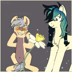 Size: 778x778 | Tagged: safe, artist:circumflexs, imported from derpibooru, oc, oc only, oc:triticale, earth pony, pony, earth pony magic, excitement, female, flower, full body, gray background, grin, hairband, hooves on cheeks, magic, oc name needed, raised hoof, simple background, sitting, smiling, starry eyes, two toned hair, unshorn fetlocks, wingding eyes