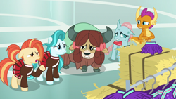 Size: 1280x720 | Tagged: safe, imported from derpibooru, screencap, lighthoof, ocellus, shimmy shake, smolder, yona, changedling, changeling, dragon, earth pony, 2 4 6 greaaat, bow, cheerleader, cheerleader outfit, clothes, clothes rack, cloven hooves, dragoness, female, hair bow, hay bale, mare, monkey swings