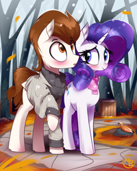 Size: 2896x3620 | Tagged: safe, artist:nevobaster, imported from derpibooru, rarity, oc, oc:rml, bird, duck, pegasus, pony, unicorn, autumn, canon x oc, clothes, coat, cute, duo, female, forest, male, not pipsqueak, park, raribetes, scarf, snow, snowfall, surprised, sweater