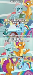 Size: 889x1997 | Tagged: safe, edit, edited screencap, imported from derpibooru, screencap, ocellus, rainbow dash, smolder, 2 4 6 greaaat, book, caption, coach rainbow dash, comic, image macro, screencap comic, text