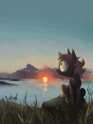 Size: 960x1280 | Tagged: safe, artist:spectralunicorn, imported from derpibooru, oc, oc only, oc:forty winks, earth pony, pony, cloud, grass, lake, painting, sitting, solo, sunrise, water