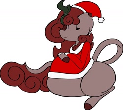 Size: 1826x1636 | Tagged: safe, artist:horsecello, imported from derpibooru, oc, oc:pepper, kirin, belly, big belly, christmas, fat, female, hat, holiday, santa hat, simple background, sitting, solo, white background