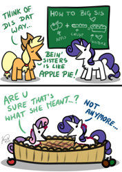 Size: 2894x4093 | Tagged: safe, artist:julunis14, imported from derpibooru, applejack, rarity, sweetie belle, earth pony, pony, unicorn, series:my little honses, sisterhooves social, 2 panel comic, :v, apple, apple pie, chalkboard, chest fluff, comic, dialogue, digital art, eyes closed, fancy mathematics, female, filly, foal, food, high res, literal, mare, math, messy, misspelling, misunderstanding, open mouth, parody, pie, scene interpretation, siblings, signature, silly, simple background, sisters, white background