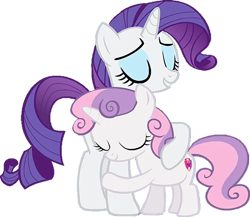 Size: 781x679 | Tagged: safe, editor:incredibubbleirishguy, imported from derpibooru, rarity, sweetie belle, pony, unicorn, for whom the sweetie belle toils, background removed, eyes closed, female, filly, grin, hug, mare, sibling love, siblings, simple background, sisterly love, sisters, smiling, sweetie belle's cutie mark, the cmc's cutie marks, transparent background
