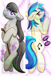 Size: 1000x1493 | Tagged: safe, artist:exobass, imported from derpibooru, dj pon-3, octavia melody, vinyl scratch, earth pony, pony, unicorn, body pillow, body pillow design, bow (instrument), cello bow, duo, glasses, music, obtrusive watermark, watermark