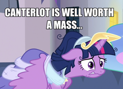 Size: 1488x1080 | Tagged: safe, edit, edited screencap, imported from derpibooru, screencap, twilight sparkle, alicorn, pony, the last problem, caption, catholicism, clothes, coronation, crown, dress, female, image macro, jewelry, mare, meme, quote, regalia, scared, second coronation dress, text, twilight sparkle (alicorn), upset