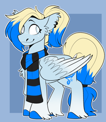 Size: 828x956 | Tagged: safe, artist:rockin_candies, imported from derpibooru, oc, oc only, oc:azure opus, pegasus, pony, blind, clothes, colored wings, ear fluff, ear piercing, female, mare, piercing, ponytail, scarf, solo, striped scarf, tail, two toned mane, two toned tail, two toned wings, unshorn fetlocks, wings