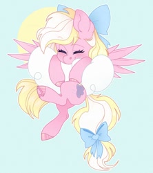 Size: 960x1080 | Tagged: safe, artist:sadelinav, imported from derpibooru, oc, oc only, oc:bay breeze, pegasus, pony, bow, cloud, eyes closed, female, hair bow, mare, pegasus oc, quadrupedal, smiling, solo, spread wings, tail, tail bow, wings