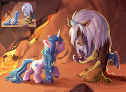 Size: 2560x1871 | Tagged: safe, artist:jewellier, idw, imported from derpibooru, discord, izzy moonbow, draconequus, pony, unicorn, spoiler:comic, spoiler:g5comic, spoiler:g5comic10, crying, crystal, duo, duo male and female, female, g5, high res, immortality blues, kneeling, lava, male, mare, official comic, old man discord, older, pegasus crystal, phone, raised hoof, scene interpretation, wip