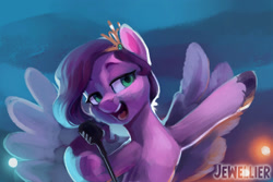 Size: 2560x1707 | Tagged: safe, artist:jewellier, imported from derpibooru, pipp petals, pegasus, pony, abstract background, adorapipp, ai assisted, ai content, cute, female, g5, looking away, mare, microphone, raised hoof, singing, wings, wip