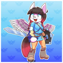 Size: 4096x4096 | Tagged: safe, artist:jisito, imported from derpibooru, oc, oc only, oc:arwencuack, anthro, pegasus, gradient background, solo, sword, the legend of zelda, the legend of zelda: breath of the wild, triforce, weapon