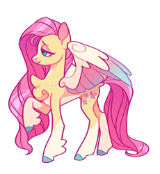 Size: 1282x1392 | Tagged: safe, artist:amaryllidae, imported from derpibooru, fluttershy, pegasus, pony, alternate design, coat markings, concave belly, female, mare, pale belly, quadrupedal, raised hoof, simple background, socks (coat markings), solo, transparent background
