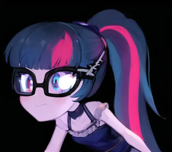 Size: 576x512 | Tagged: safe, editor:luckreza8, imported from derpibooru, sci-twi, twilight sparkle, human, equestria girls, ai content, ai generated, anime, black background, female, generator:pinegraph, simple background, solo