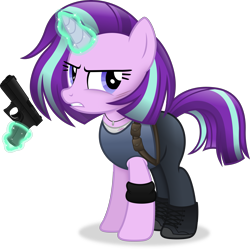 Size: 4191x4190 | Tagged: safe, artist:anime-equestria, imported from derpibooru, starlight glimmer, pony, unicorn, absurd resolution, alternate hairstyle, armband, boots, clothes, female, glock, gun, handgun, horn, jewelry, jill valentine, levitation, magic, mare, necklace, pistol, resident evil, resident evil 3 remake, shoes, simple background, solo, telekinesis, transparent background, vector, weapon