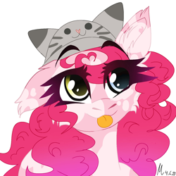 Size: 1280x1280 | Tagged: safe, artist:moodipone, imported from derpibooru, pinkie pie, pony, :p, alternate design, chest fluff, colored, cute, diapinkes, ear fluff, eyebrows, flat colors, gradient mane, hat, heterochromia, simple background, solo, tongue out, white background