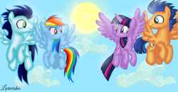 Size: 1980x1020 | Tagged: safe, artist:mlplary6, imported from derpibooru, flash sentry, rainbow dash, soarin', twilight sparkle, alicorn, pegasus, pony, cloud, date, double date, female, flashlight, flying, friends, looking at each other, looking at someone, male, mare, shipping, sky, smiling, smiling at each other, soarindash, stallion, straight, sun, twilight sparkle (alicorn)