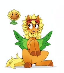 Size: 1806x2058 | Tagged: safe, artist:buvanybu, imported from derpibooru, oc, oc only, original species, plant pony, pony, blushing, flower, goggles, goggles on head, open mouth, open smile, plant, plants vs zombies, ponified, simple background, smiling, solo, spread wings, sunflower, white background, wings