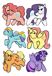 Size: 443x647 | Tagged: safe, artist:peachybats, imported from derpibooru, applejack, fluttershy, pinkie pie, rainbow dash, rarity, twilight sparkle, alicorn, earth pony, pegasus, pony, unicorn, blush sticker, blushing, eyes closed, female, folded wings, g4, hatless, horn, mane six, mare, missing accessory, open mouth, open smile, smiling, spread wings, sticker, tail, twilight sparkle (alicorn), wings