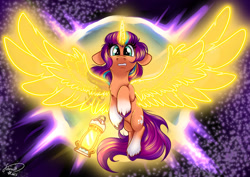 Size: 1920x1358 | Tagged: safe, artist:julunis14, imported from derpibooru, sunny starscout, alicorn, pony, alicornified, artificial horn, artificial wings, augmented, coat markings, ethereal horn, ethereal wings, female, g5, horn, lantern, magic, magic horn, magic wings, mane stripe sunny, mare, princess sunny starscout, race swap, socks (coat markings), solo, sunnycorn, unshorn fetlocks, wings