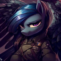 Size: 1024x1024 | Tagged: safe, imported from derpibooru, oc, oc only, oc:bluewing, pegasus, pony, ai content, ai generated, badge, blue mane, blue skin, clothes, eyebrows, female, large wings, looking at you, mare, military uniform, pegasus oc, purple eyes, simple background, smiling, smiling at you, solo, spread wings, uniform, wings