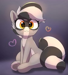 Size: 2175x2431 | Tagged: safe, artist:pabbley, imported from derpibooru, oc, oc only, oc:bandy cyoot, hybrid, pony, raccoon, raccoon pony, cute, cute little fangs, fangs, female, floating heart, frog (hoof), heart, high res, looking at you, mare, ocbetes, smiling, smiling at you, snaggletooth, solo, underhoof