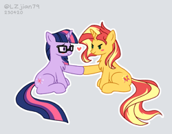 Size: 1476x1150 | Tagged: safe, artist:lzjian79, imported from derpibooru, sci-twi, sunset shimmer, twilight sparkle, pony, unicorn, equestria girls, chest fluff, duo, equestria girls ponified, female, gray background, heart, lesbian, scitwishimmer, shipping, simple background, sunsetsparkle, unicorn sci-twi