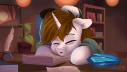 Size: 3840x2160 | Tagged: safe, artist:joaothejohn, imported from derpibooru, oc, oc only, oc:jackson, pony, unicorn, book, clothes, commission, crystal, dark circles, feather, hat, horn, inkwell, lantern, paper, quill, room, sleeping, solo, unicorn oc