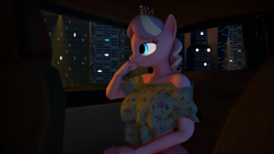 Size: 1920x1080 | Tagged: safe, artist:rexyvexi, imported from derpibooru, diamond tiara, anthro, 3d, car, car interior, city, fanfic in the description, night