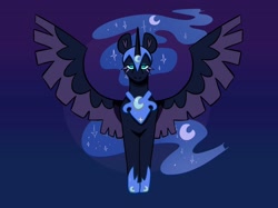 Size: 2048x1535 | Tagged: safe, artist:anxietymonstrr, imported from derpibooru, nightmare moon, alicorn, pony, blue background, colored eyelashes, colored pinnae, colored wings, crescent moon, ethereal mane, female, front view, gradient background, jewelry, lidded eyes, looking at you, mare, moon, regalia, simple background, slit pupils, solo, spread wings, standing, starry mane, two toned wings, wings