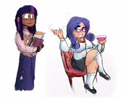 Size: 2475x1988 | Tagged: safe, artist:punkittdev, imported from derpibooru, rarity, twilight sparkle, human, crossed legs, duo, female, glass, glasses, grin, humanized, light skin, moderate dark skin, rarity's glasses, simple background, sitting, smiling, white background, wine glass