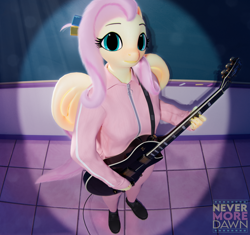 Size: 2300x2160 | Tagged: safe, artist:nevermoredawn, imported from derpibooru, fluttershy, anthro, pegasus, plantigrade anthro, 3d, blender, blender cycles, bocchi the rock!, chalk, chalkboard, clothes, cosplay, costume, electric guitar, female, guitar, hitori gotoh, les paul, looking at you, musical instrument, nexgen, playing guitar, school, solo, spotlight, tracksuit, wings