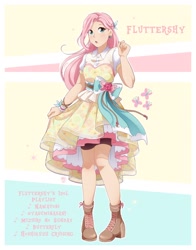 Size: 1606x2048 | Tagged: safe, artist:applesartt, imported from derpibooru, fluttershy, human, blushing, clothes, dress, eye clipping through hair, eyebrows, eyebrows visible through hair, female, humanized, idol, open mouth, solo